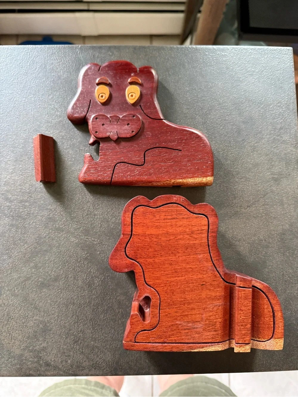 Handmade Wooden Dog Puzzle Box - Red Brown with Yellow Eyes